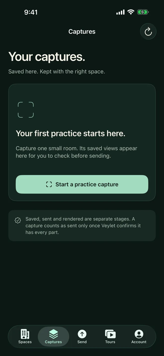 Veylet Capture’s Your captures screen, with a button to start a practice capture.