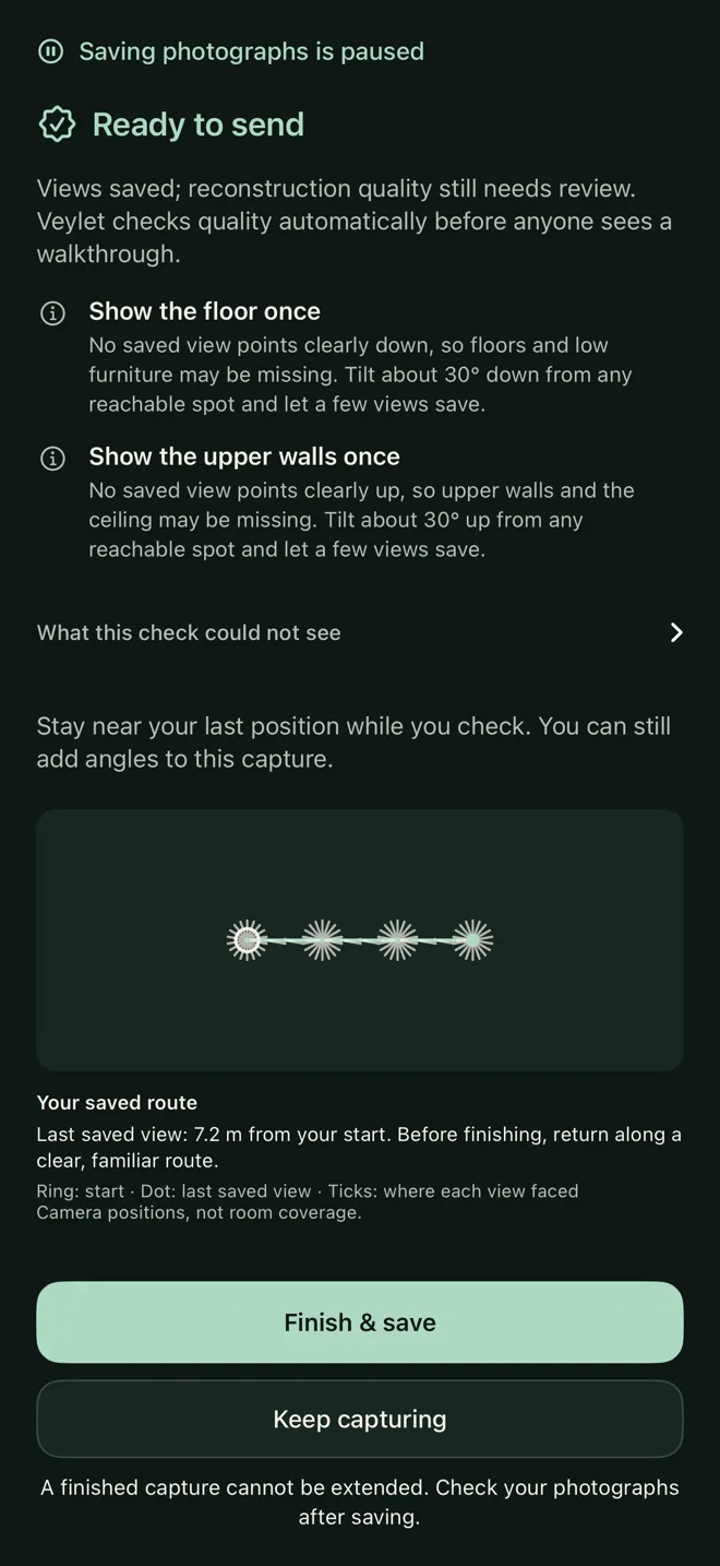 Ready to send screen: route checks, the saved route, and Finish and save.